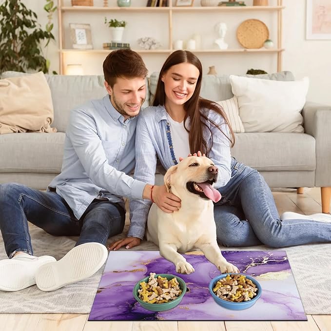 Marble Dog Food Mat for Floors Absorbent, Quick Dry Water Dispenser Mat for Food, Water, Pet Supplies 17" x 30", Purple Gold Abstract