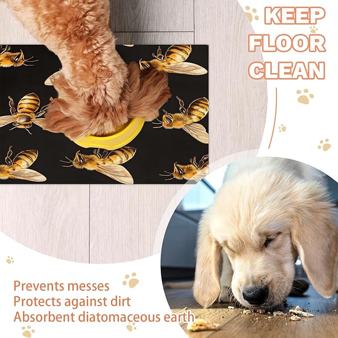Bee Dog Food Mat for Floors Absorbent, Quick Dry Water Dispenser Mat for Food, Water, Pet Supplies 16" x 24", Farmhouse Honeybee