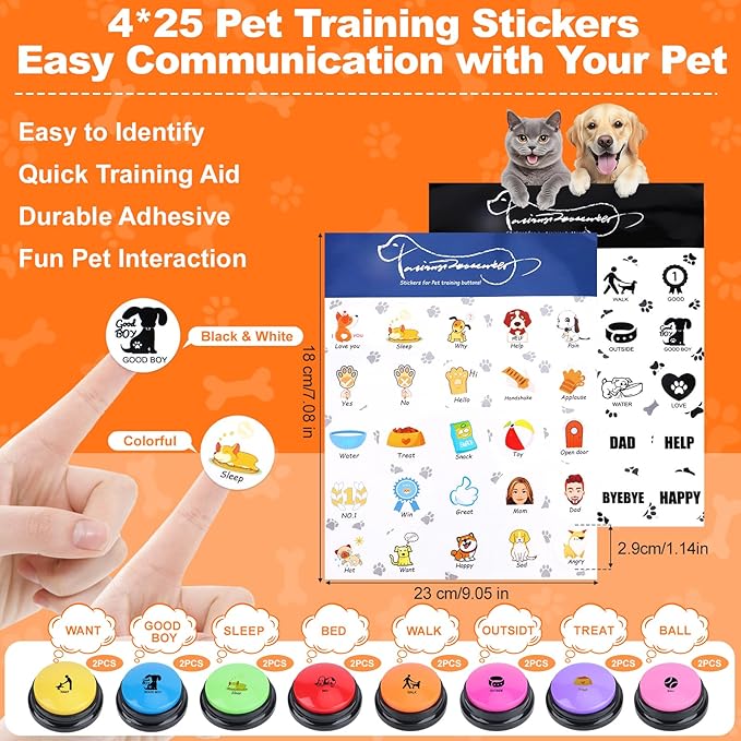 Dog Buttons for Communication, 16 Pcs 8 Color Dog Talking Button Set, 30s Recordable Voice Pet Training Buzzers, Speaking Buttons for Dogs & Cats with 4 Scene Stickers (Batteries Not Included)