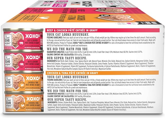 I and Love and You XOXOs Wet Cat Food - Chicken + Beef Pâté Variety Pack - Grain Free, Filler Free, 3oz Pack of 12 Cans