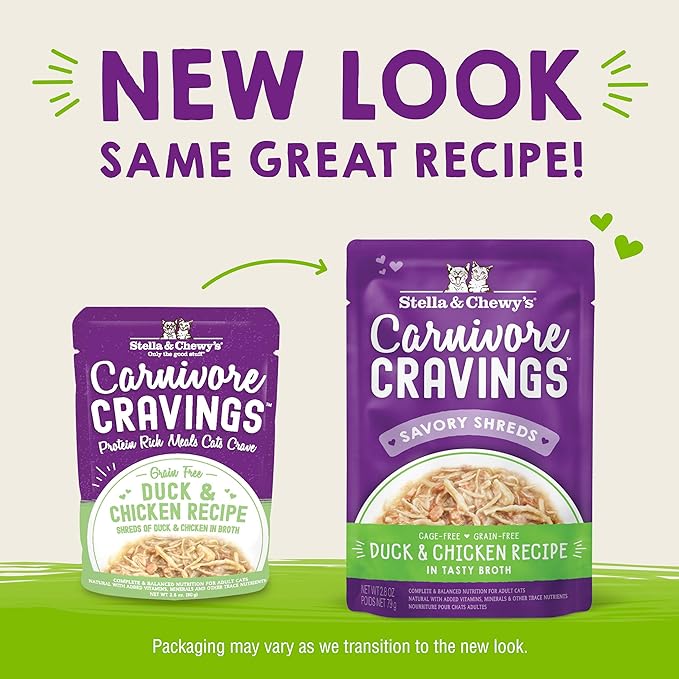 Stella & Chewy's Carnivore Cravings Wet Cat Food - Premium Pouches - Grain Free, High Protein Duck & Chicken - Perfect for Picky Eaters - Complete Meal or Topper (2.8 oz, 12 Pack)