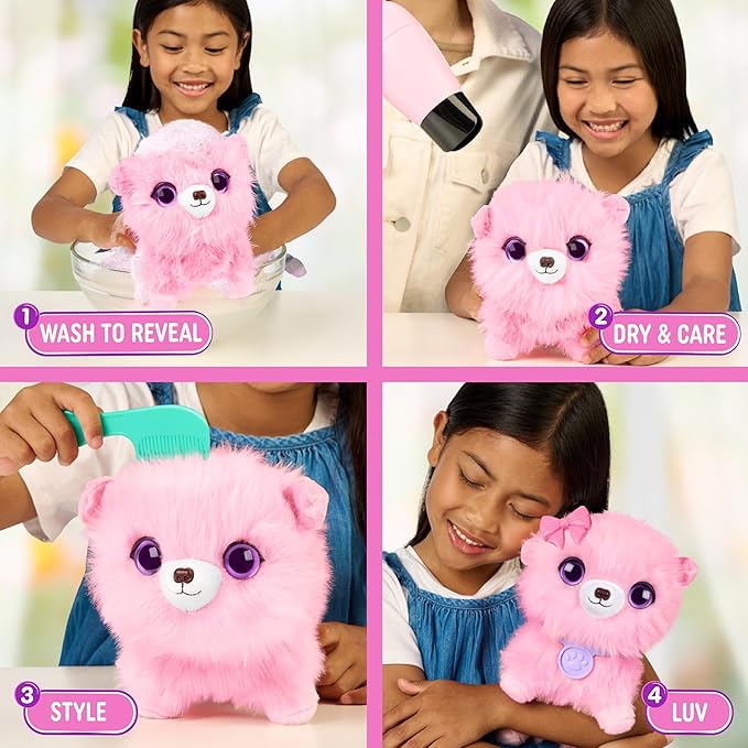 SCRUFFALUVS Pink Surprise Pet, Mystery Plush Toys, Stuffed Animals, Wash to Reveal 1 of 3 Rescue Surprise Toy Pets: Puppy, Bunny, or Kitty - Includes 8.7" Deluxe Carrier - Styles May Vary