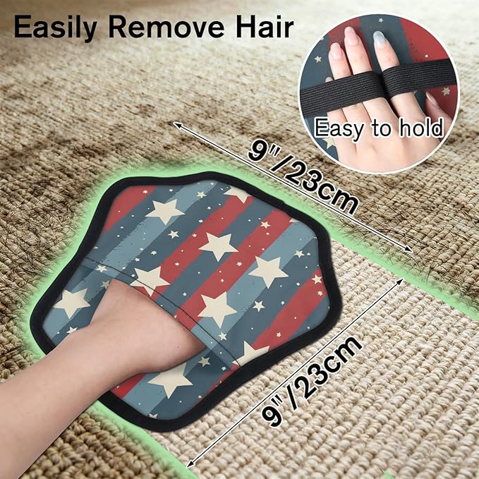 Stars Stripes Theme Electrostatic Pet Hair Removal Glove for Cats & Dogs - Reusable Grooming Mitt for Couch, Carpet, Car Seat & Laundry - Large 9x9 Inch
