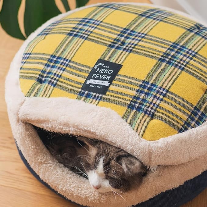 Cat Cave Bed – Plush, Warm & Calming Hideaway with Detachable Lid & Mat, Covered House for Indoor Kitten & Kitty (Snow)