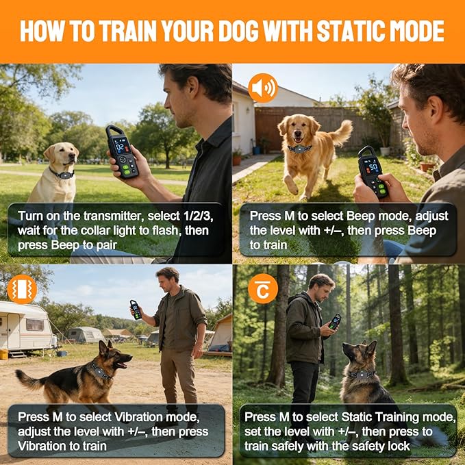 2-in-1 Dog Training Collar & Bark Collar, Safety Lock Remote, Adjustable Beep,Vibration & Shock,990ft Range, IPX7 Waterproof Dog Collar for 3 Dogs,Medium & Large,LED Light,Compass & Carabiner-1 Collar