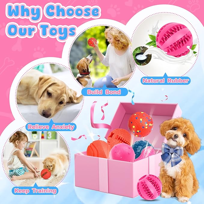 Dog Balls 6 Pack, Puppy Toys for Small & Medium Dogs, Interactive Dog Fetch Ball, Squeaky Chew Toys for Teeth/Slow Feeder/IQ Training/Playing, Dog Toys to Keep Them Busy (Pink)