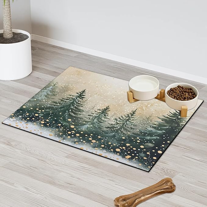Christmas Tree Dog Food Mat for Floors Absorbent, Quick Dry Water Dispenser Mat for Food, Water, Pet Supplies 17" x 30", Winter Forest