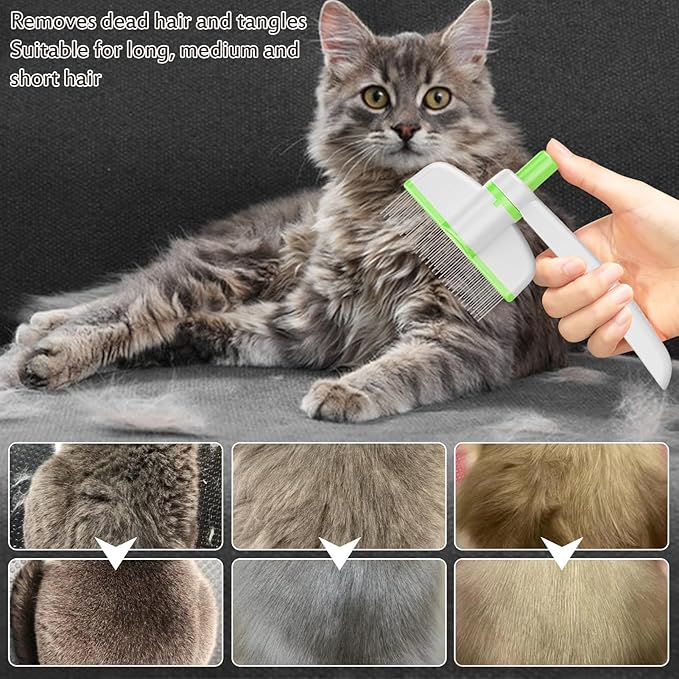 Pet Hair Removal Comb, 2025 Upgraded One Click Self Cleaning Grooming Brush, Cat Brush Comb with Non slip Handle for Short & Long Hair, Pet Grooming Supplies for Cats & Dogs Massaging (green)