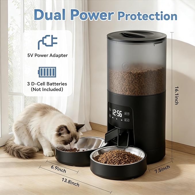 DUMOS Automatic Cat Feeder for 2 Cats, 6L Timed Cat Food Dispenser with 2 Stainless Bowls, 10s Voice Recorder, Dual Power Supply, 6 Meals 50 Portions Per Day, Dual Pet Feeder for Cat and Dog, Black