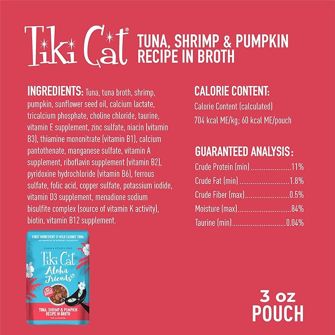 Tiki Cat Aloha Friends Grain-Free, Low-Carbohydrate Wet Food with Flaked Tuna for Adult Cats & Kittens, 3oz pouch, 12pk, Tuna, Shrimp & Pumpkin