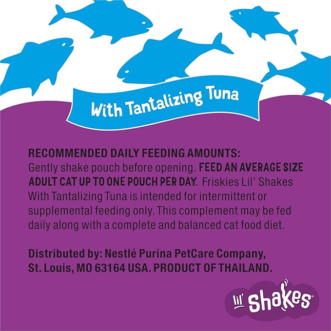 Friskies Purina Pureed Cat Food Topper,Lil’ Shakes with Tantalizing Tuna Lickable Cat Treats - 1.55 oz. Pouches,(Pack of 32)