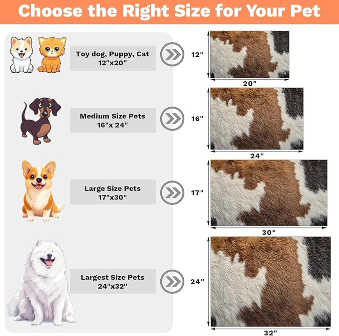 Cow Print Dog Food Mat for Floors Absorbent Dog Bowl Mat for Food and Water Dispenser Quick Dry Cat Food Placemat Pet Supplies 24" x 32", Brown Skin
