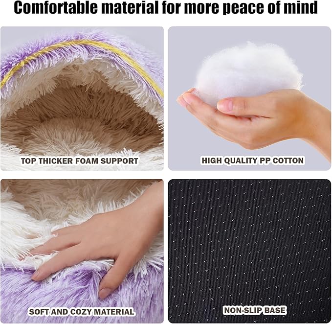 Cat Beds for Indoor Cats,Cat Cave for Puppy and Kitty,Calming Small Dog Bed for Small Dogs with Cover Cave,Cozy Warming Fluffy Washable Anti-Slip Pet Sleeping Bag(20 * 20inch,Purple)