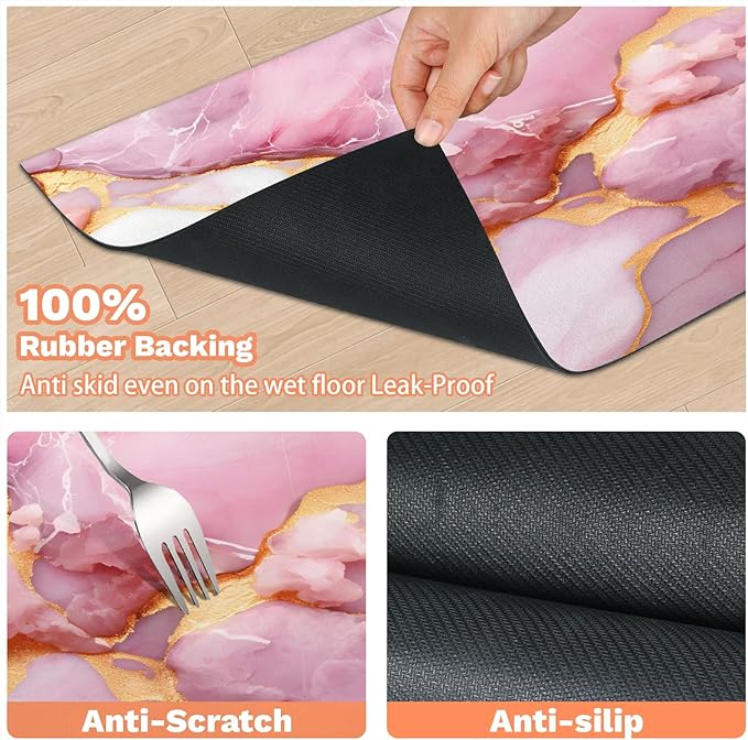 Pink Marble Dog Food Mat for Floors Absorbent, Quick Dry Water Dispenser Mat for Food, Water, Pet Supplies 12" x 20", Gold Marble