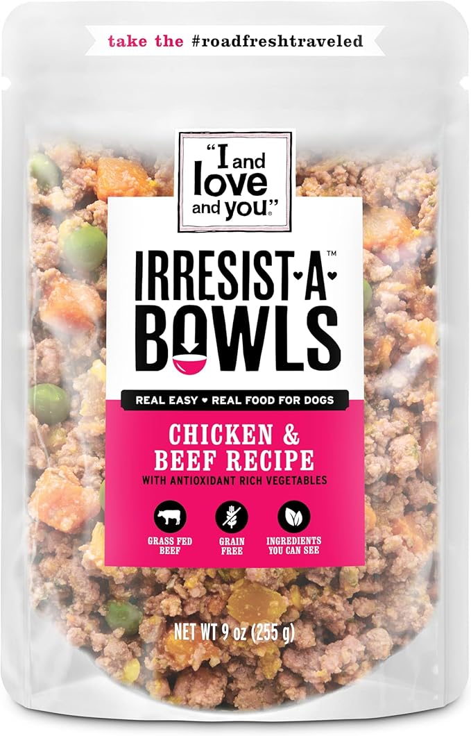 I and Love and You Irresist-A-Bowls Wet Dog Food, Chicken and Duck Recipe, Ready to Serve, Grain Free, Real Meat, No Fillers, 9 oz Pouches, Pack of 4 Pouches, (Package May Vary)