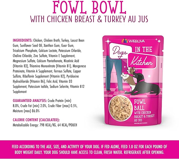 Weruva Dogs in The Kitchen, Fowl Ball with Chicken Breast & Turkey Au Jus Dog Food, 2.8oz Pouch (Pack of 12)