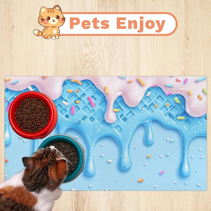 Ice Cream Dog Food Mat for Floors Absorbent Dog Bowl Mat for Food and Water Dispenser Quick Dry Cat Food Placemat Pet Supplies 17" x 30", Colorful Candy