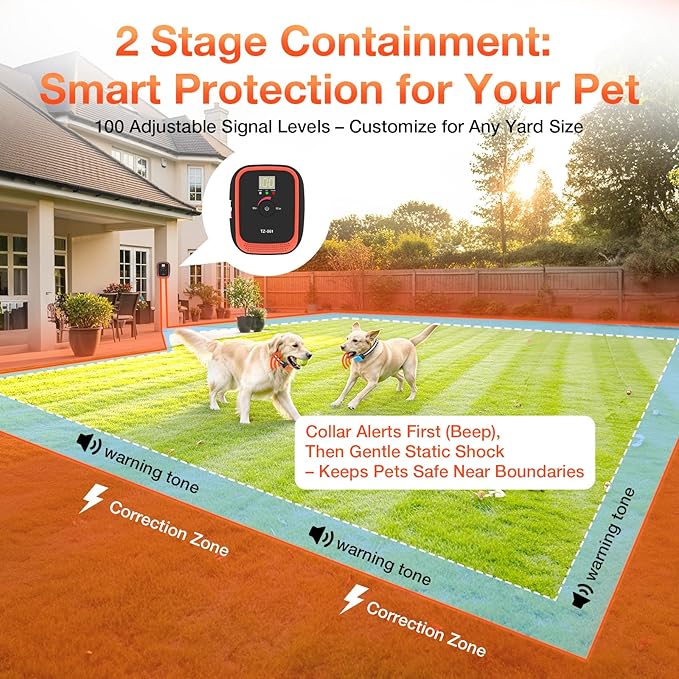 Electric Fence for Dogs, Rechargeable Underground Dog Fence with 656Ft Wire, 2 Waterproof Collar, Wired Dog Fence System for 1 Dog