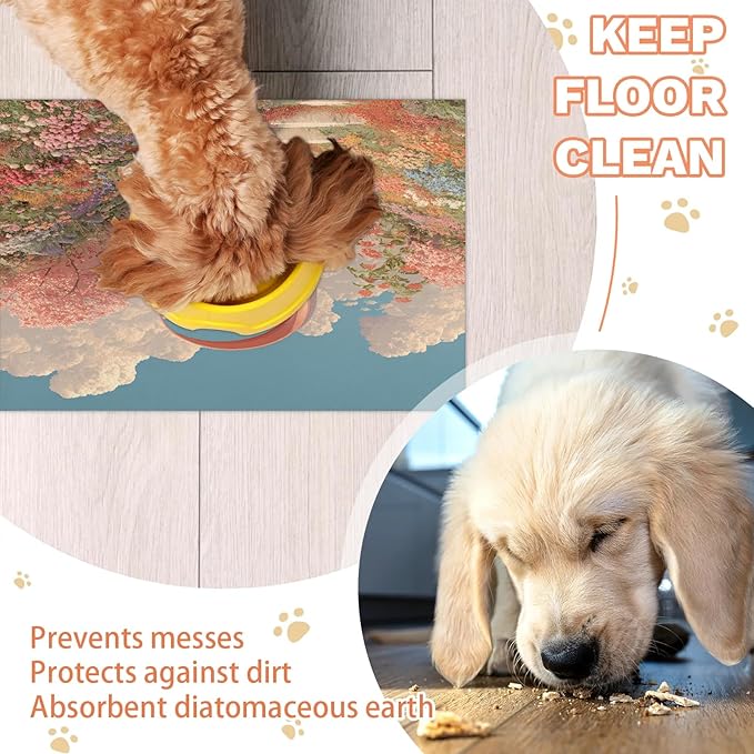 Rainbow Cloud Dog Food Mat for Floors Absorbent, Quick Dry Water Dispenser Mat for Food, Water, Pet Supplies 16" x 24", Wildflower Flower
