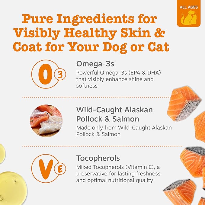 Zesty Paws Wild Alaskan Omega-3 Blend Pollock + Salmon Oil for Dogs and Cats- Skin and Coat Support, Omega 3 Supplement for Pets, 16oz
