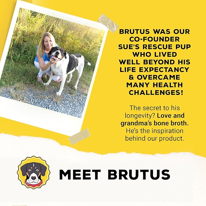 Brutus Broth Dog Food Topper - Instant Bone Broth Powder for Dogs - Supports Hip and Joint Function - Human-Grade Quality - Serve Dry or Wet - Chicken Flavor - 3.5 oz Pack (Makes 130 oz with Water)
