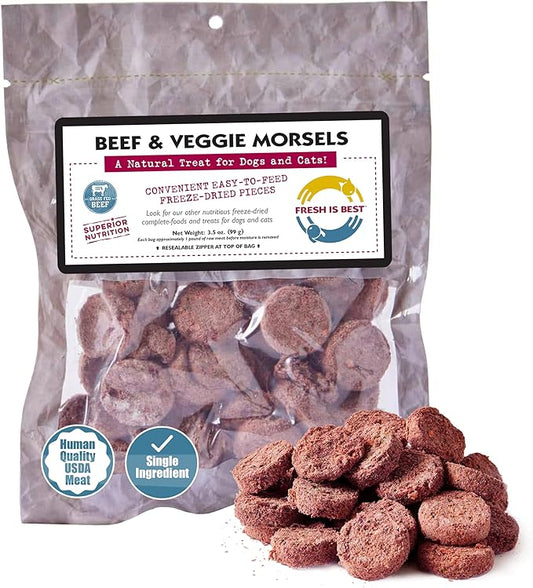 Fresh Is Best Freeze Dried Dog Treats – Raw Freeze Dried Dog Food for Cats & Canines – Training Treat in Resealable Zipper Bag – High-Protein Beef & Veggie Morsels – Made in The USA