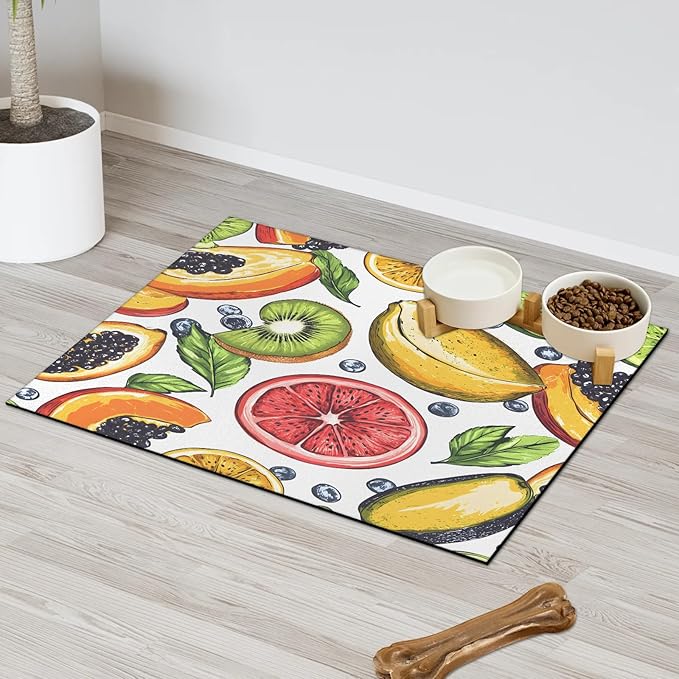 Summer Fruit Dog Food Mat for Floors Absorbent Dog Bowl Mat for Food and Water Dispenser Quick Dry Cat Food Placemat Pet Supplies 16" x 24", Cute Tropical Fruit