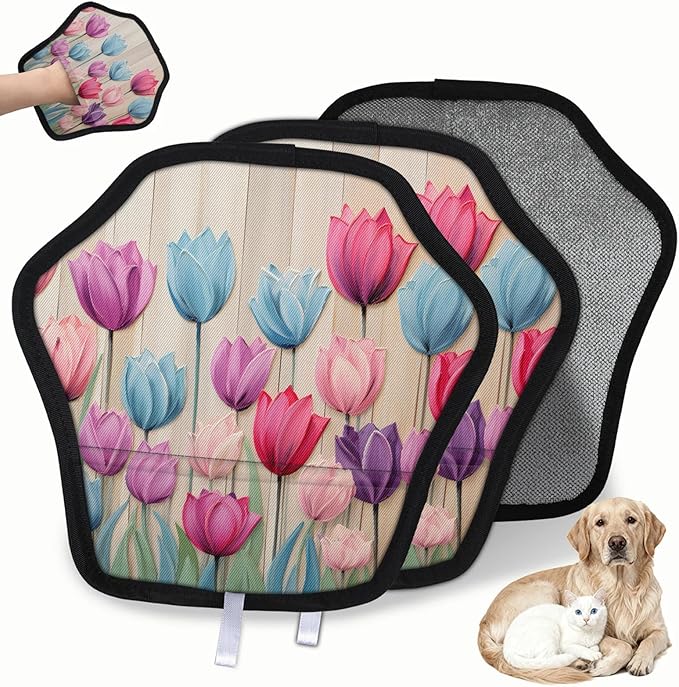 Reusable Pet Hair Removal Glove Tulip Flowers Magic Brush for Cat & Dog Hair Remover for Car, Sofa, Bedding, Clothes - 9x9 Mitt Washable