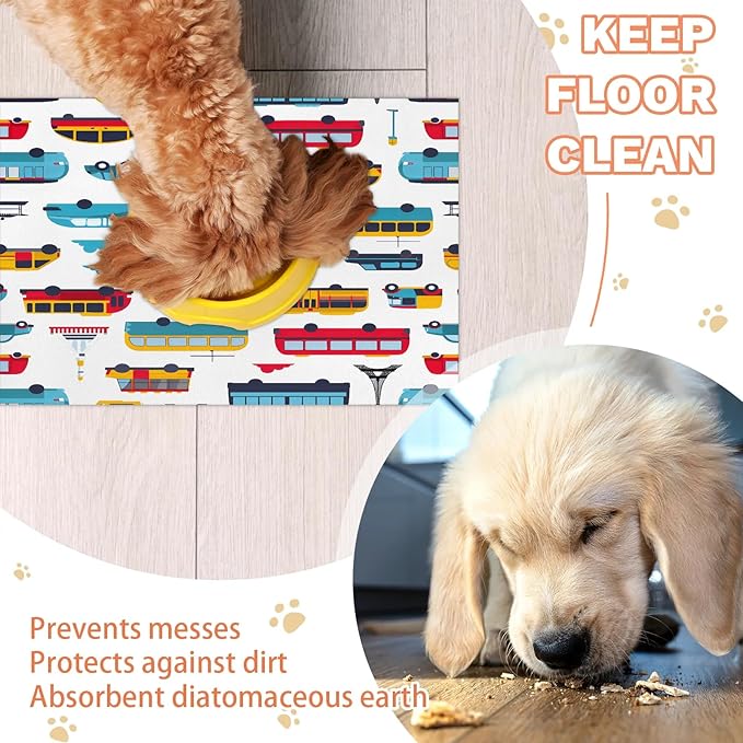 Cartoon Car Dog Food Mat for Floors Absorbent, Quick Dry Water Dispenser Mat for Food, Water, Pet Supplies 17" x 30", Cute Transportation
