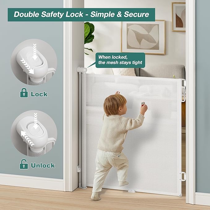 Babepai Retractable Baby Gates Extra Wide | 55" Wide x 34" Tall Dog Gates for Stairs | Indoor/Outdoor Use | Child Gates for Doorways, Deck, Porch, Hallways, Patio - White