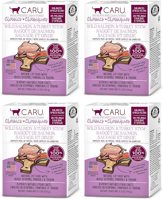 Caru - Classics Wild Salmon & Turkey Stew for Cats - Healthy Functional Wet Cat Food or Food Topper - Balanced Omega Blend - 5.5 oz Cartons - Pack of 4