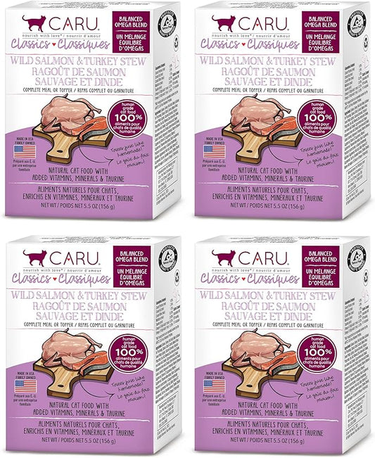 Caru - Classics Wild Salmon & Turkey Stew for Cats - Healthy Functional Wet Cat Food or Food Topper - Balanced Omega Blend - 5.5 oz Cartons - Pack of 4