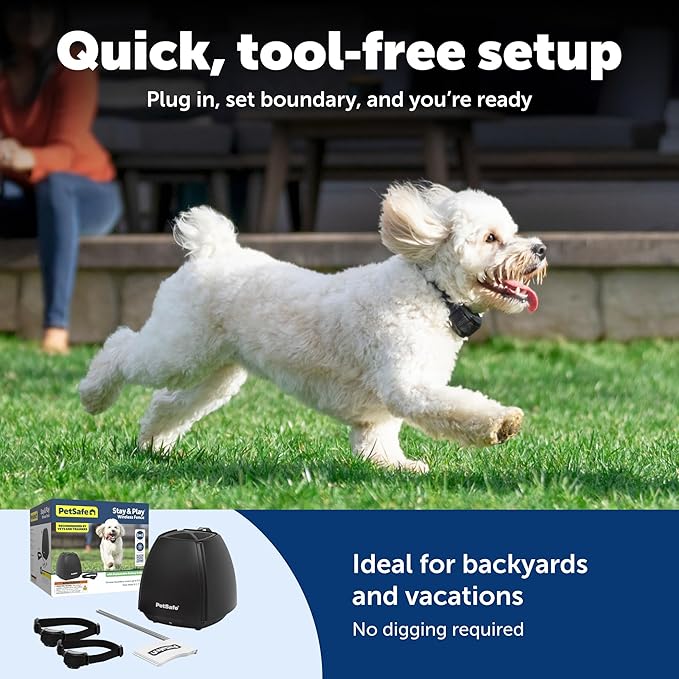 PetSafe Stay & Play 2-Dog Wireless Fence with Replaceable Battery Collar - Circular Boundary Covers Up to 3/4 Acre - Contains 2 Receiver Collars