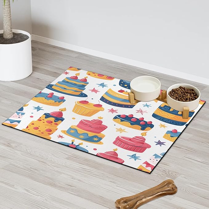 Cake Dog Food Mat for Floors Absorbent Dog Bowl Mat for Food and Water Dispenser Quick Dry Cat Food Placemat Pet Supplies 17" x 30", Dessert Food