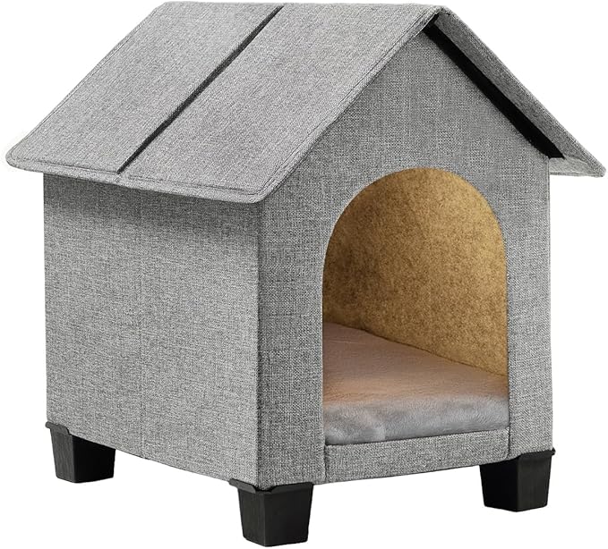 Indoor Dog House, Elevated Foldable Dog Cave Bed with Removable Plush Mat for Small Dogs and Cats Up to 15.7 Inches Long