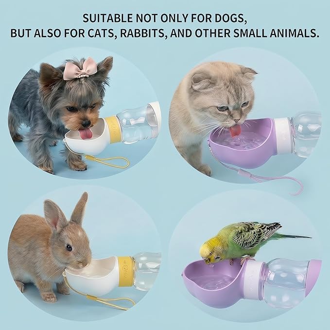 Dog Water Bottle Portable, Built-in Bowl and Dispenser for Dogs, Leak-Proof Bottles for Travel Accessories, Ideal Small Pet Supplies for Puppy Things (Purple, 11oz No Food Container)