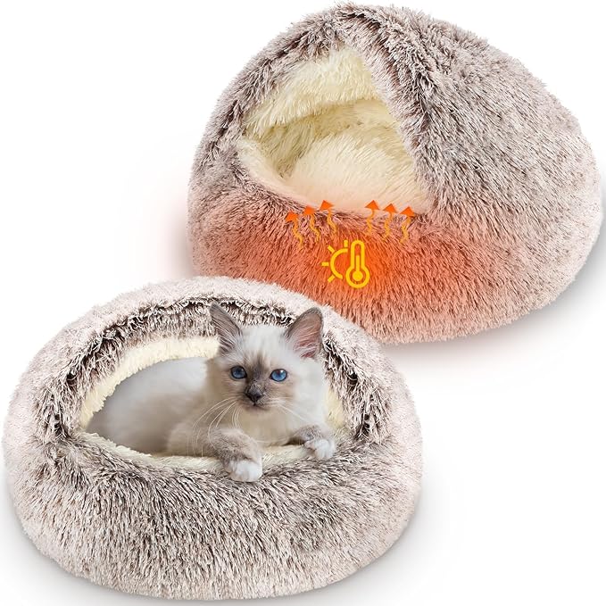 2 Pcs Self Warming Cat Beds with Hood, Self Heating Dog Cave Bed, Fluffy Round Covered Pet Pad, Plush Hooded Pet Beds with Non-Slip Bottom for Indoor Cat or Small Middle Dog(Coffee,24 in)