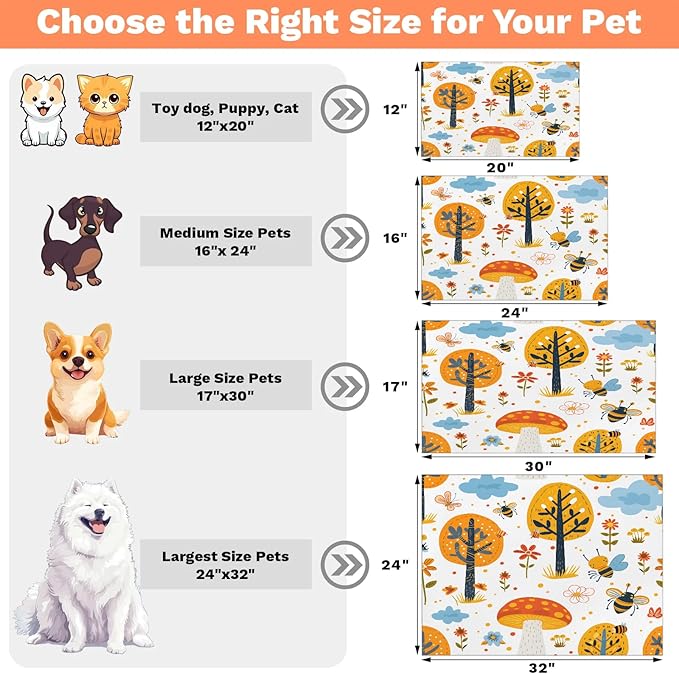 Tree Dog Food Mat for Floors Absorbent, Quick Dry Water Dispenser Mat for Food, Water, Pet Supplies 12" x 20", Floral