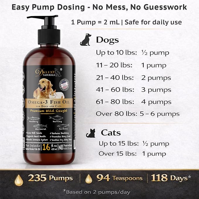 Rich Omega-3 Fish Oil for Dogs & Cats | Natural EPA + DHA Fatty Acids for Shiny Coat, Reduce Itchy Skin, Support Joint Function, Immune & Heart Health, 16 FL OZ