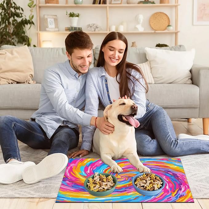 Tie dye Dog Food Mat for Floors Absorbent, Quick Dry Water Dispenser Mat for Food, Water, Pet Supplies 16" x 24", Colorful Boho Rainbow
