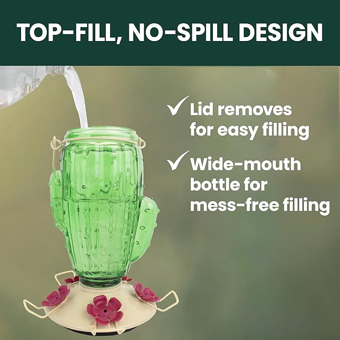 Perky-Pet Cactus Top Fill Glass Hummingbird Feeder with Built-in Bee Guards & Removable Perches - 32 oz Nectar Capacity - Hummingbird Feeder for Outdoors - 9111-1SR