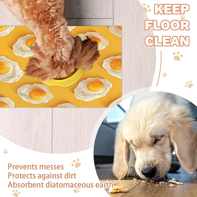 Fried Egg Dog Food Mat for Floors Absorbent Dog Bowl Mat for Food and Water Dispenser Quick Dry Cat Food Placemat Pet Supplies 24" x 32", Cute Eggs
