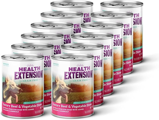 Health Extension Savory Beef Stew Grain-Free Wet Dog Food, 12.5 oz - Protein-Rich, Hydration Support, Ideal for All Breeds (Case of 12 Cans)