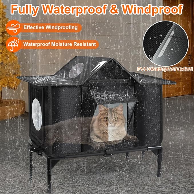 Outdoor Cat House, Weatherproof Insulated Feral Cat Houses for Outdoor Cats, Safe Escape Door, Cat House for Outside, Out Door Stray Cat Shelter with Elevated Base, Cat Houses & Condos(Large)