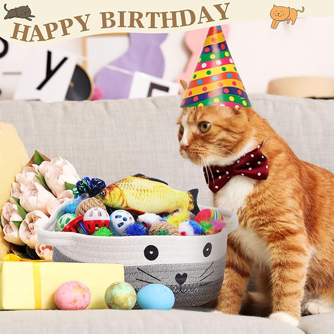 Zopeal 58 Pcs Easter Cat Storage Basket Gift Toys Set, Colorful Flashing Balls Pet Bell Crinkle Balls Spring Toys Attract Cat to Swat, Hunt, Interactive for Pet(Multicolor,9.8 Inch)