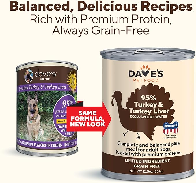 Dave's Pet Food Grain Free Wet Dog Food (95% Turkey & Turkey Liver), Made in USA Single-Source Protein, Limited Ingredients, 12.5 oz cans (12 Pack)