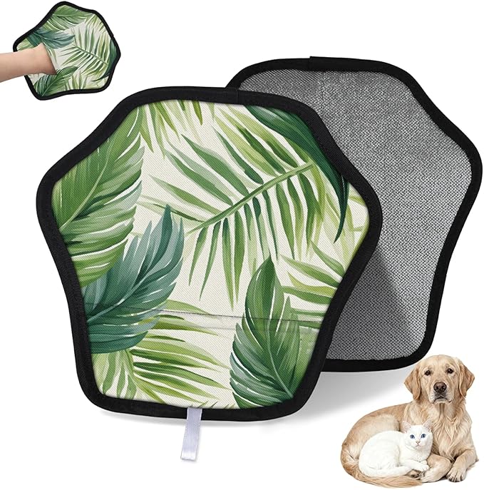 Watercolor Palm Leaf Electrostatic Pet Hair Removal Glove for Cats & Dogs - Reusable Grooming Mitt for Couch, Carpet, Car Seat & Laundry - Large 9x9 Inch