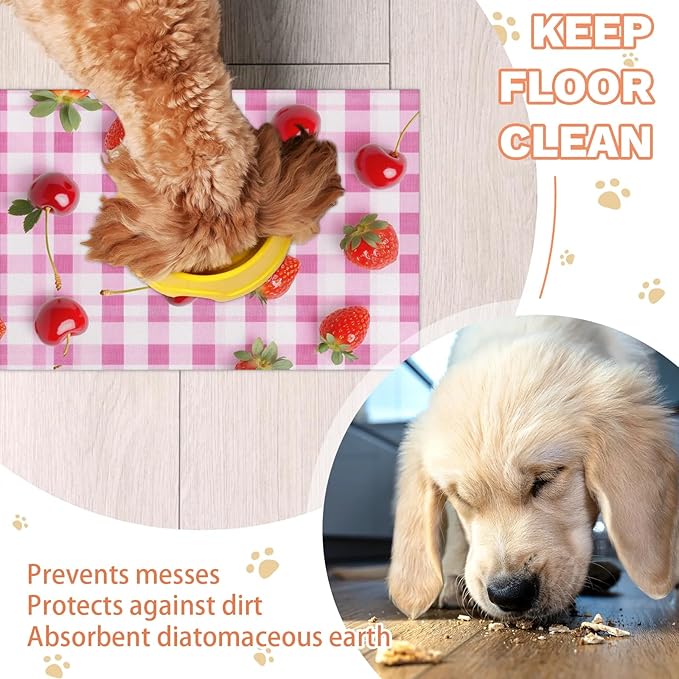 Red Strawberry Dog Food Mat for Floors Absorbent Dog Bowl Mat for Food and Water Dispenser Quick Dry Cat Food Placemat Pet Supplies 12" x 20", Buffalo Check