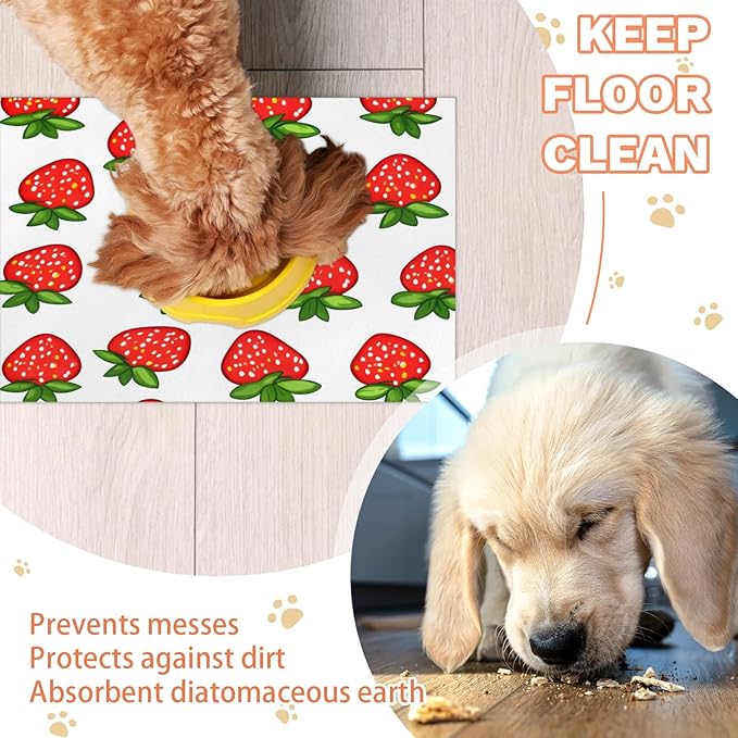 Cute Strawberry Dog Food Mat for Floors Absorbent Dog Bowl Mat for Food and Water Dispenser Quick Dry Cat Food Placemat Pet Supplies 17" x 30", Red Fruit