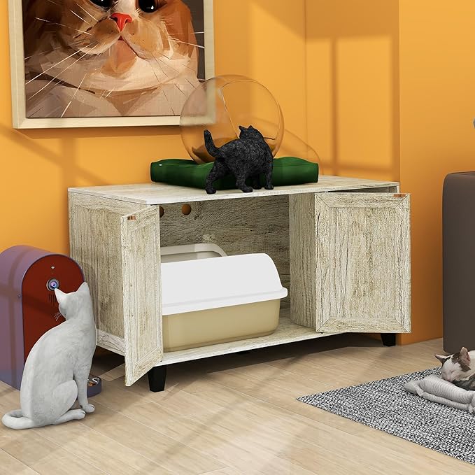 TaoHFE Hidden Cat Litter Box Enclosure Furniture with Cats Scratch Pad Farmhouse Enclosed Cat Litter Boxes Cabinet Furniture with Doors Wooden Indoor Cats Box House,Oak